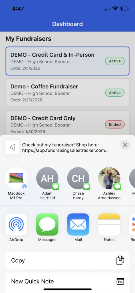 Share your store front with friends and family using the native share.
